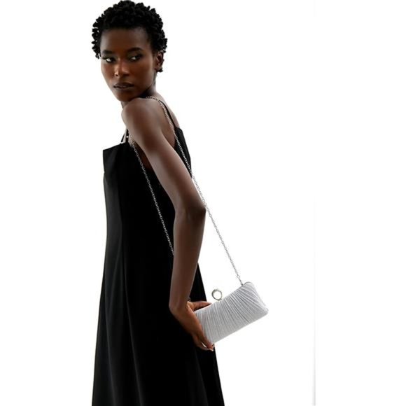 Womens Golden Glitter Clutch Purse Pleated Evening Bag for Bridal Wedding Party - Picture 3 of 6